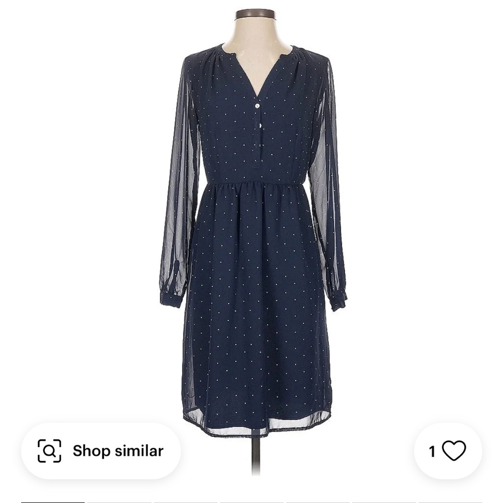 A New Day, Navy Polka-Dot Dress, long sleeve, XL, A-line, flattering EUC